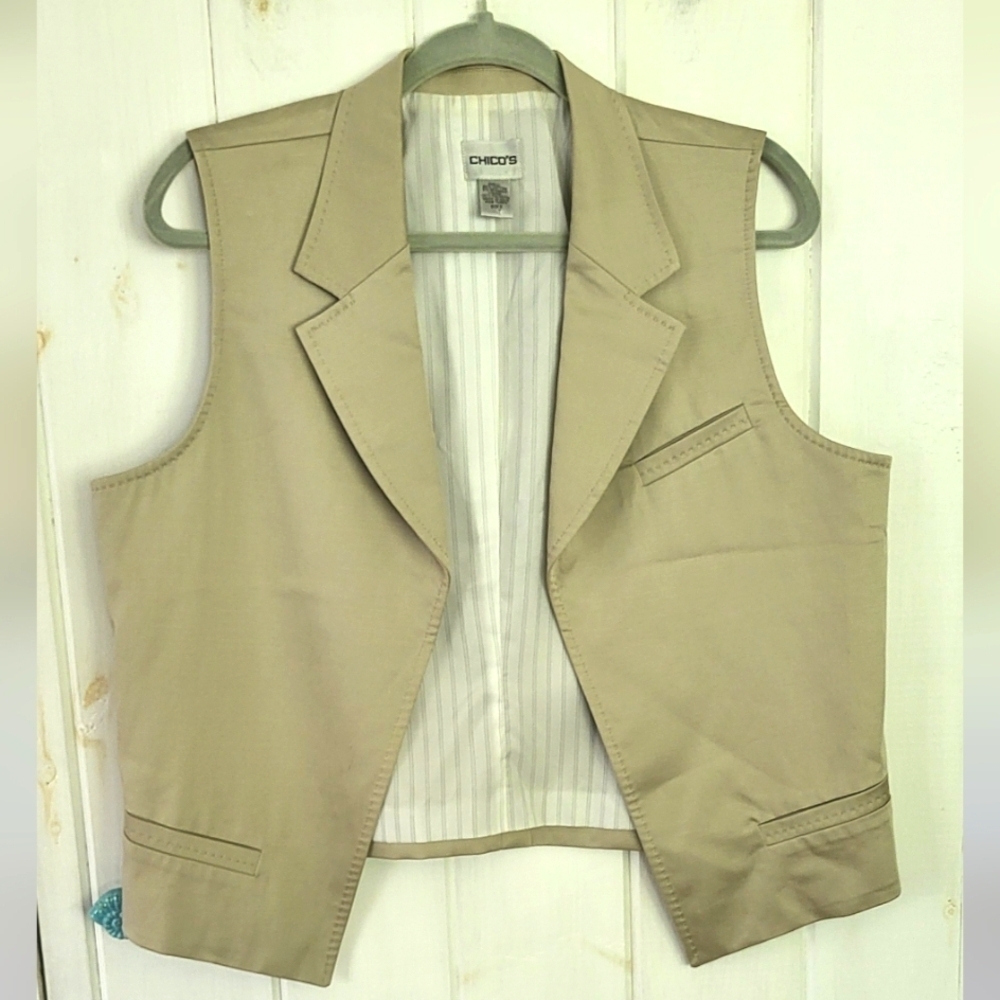 Chicos Beige Cotton Stretch Dress Open Front Vest